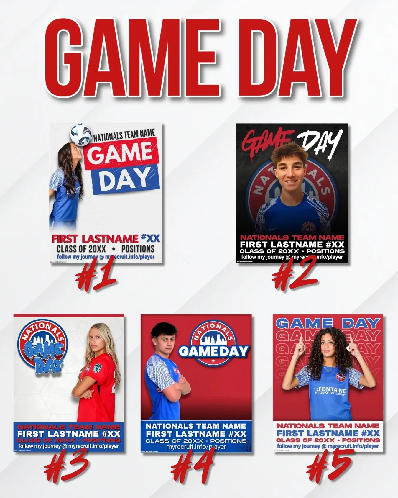 Sports recruiting game day graphic templates showing upcoming games social media design options for high school athletes.