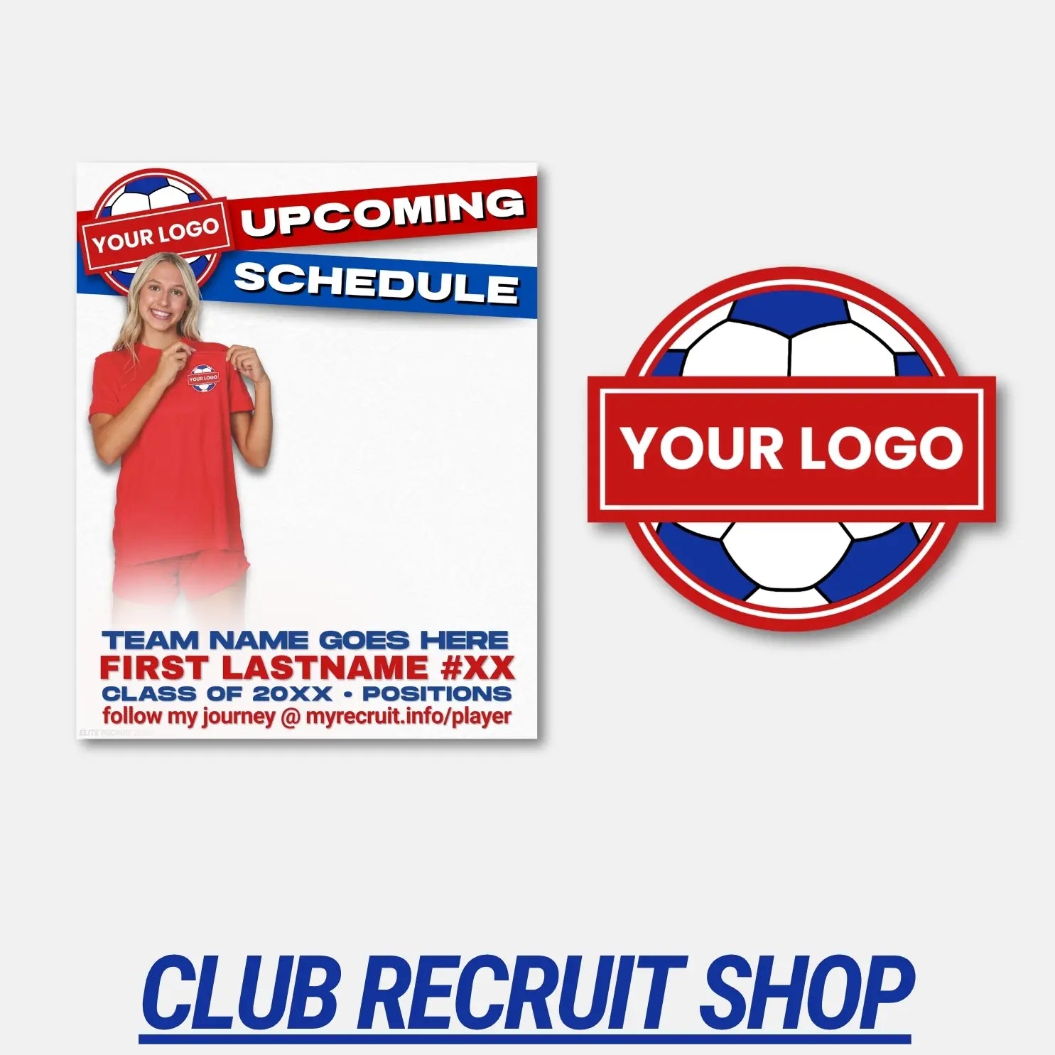 Soccer recruitment flyer with customizable text and club logo space on a white background