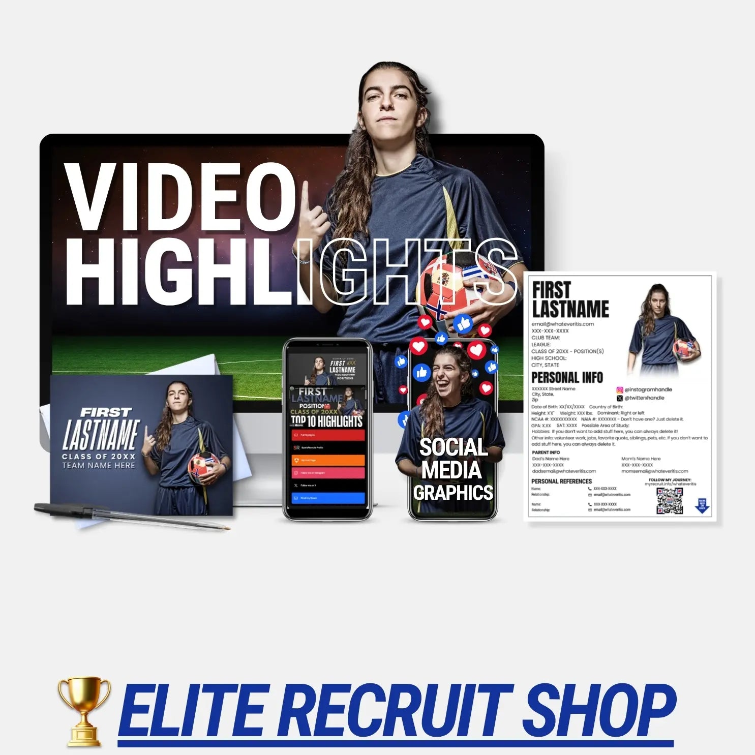 Collection of sports recruitment materials including a handwritten postcard, video highlights, link page, social media graphics, and athletic resumes.