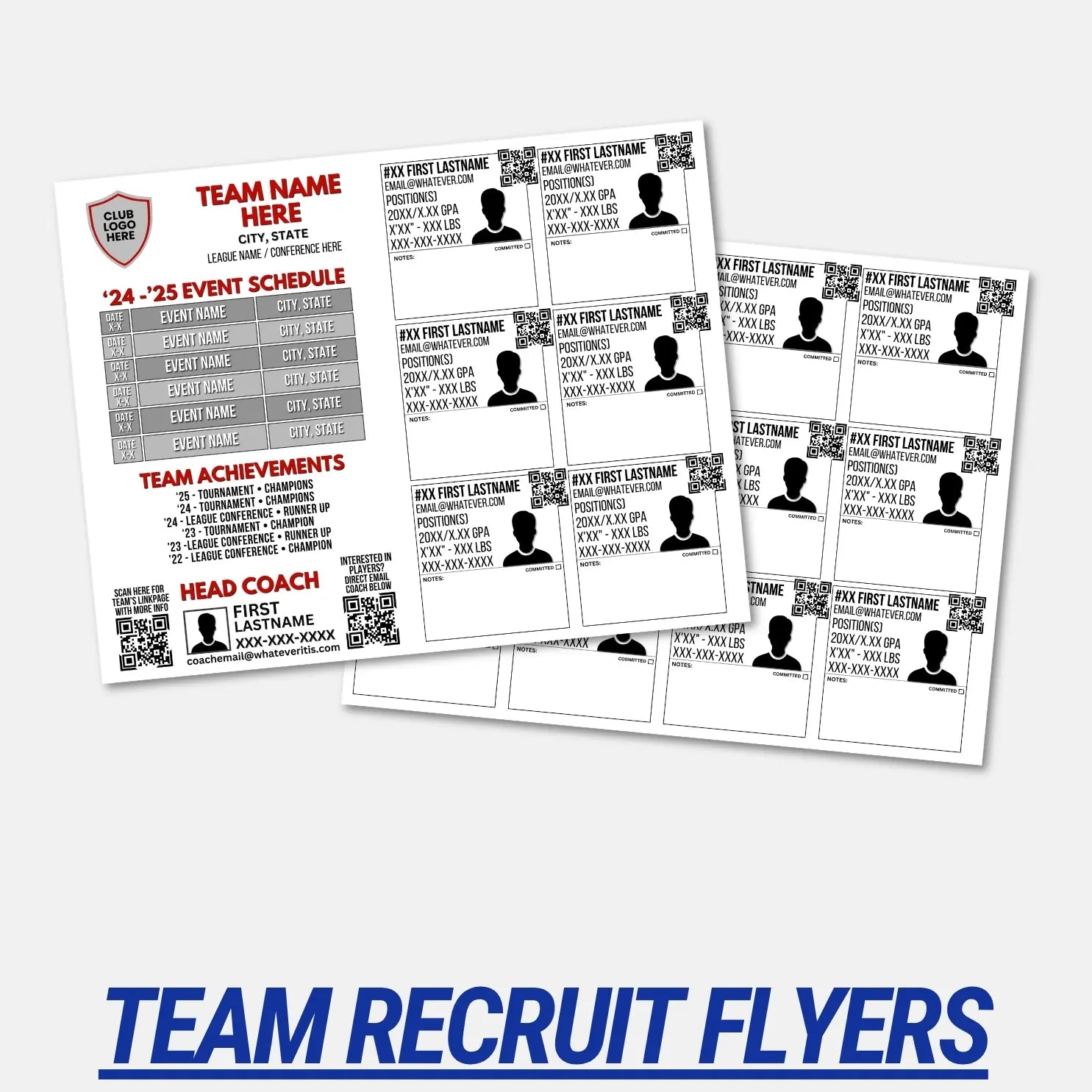 Team recruit flyers with customizable text on a white background