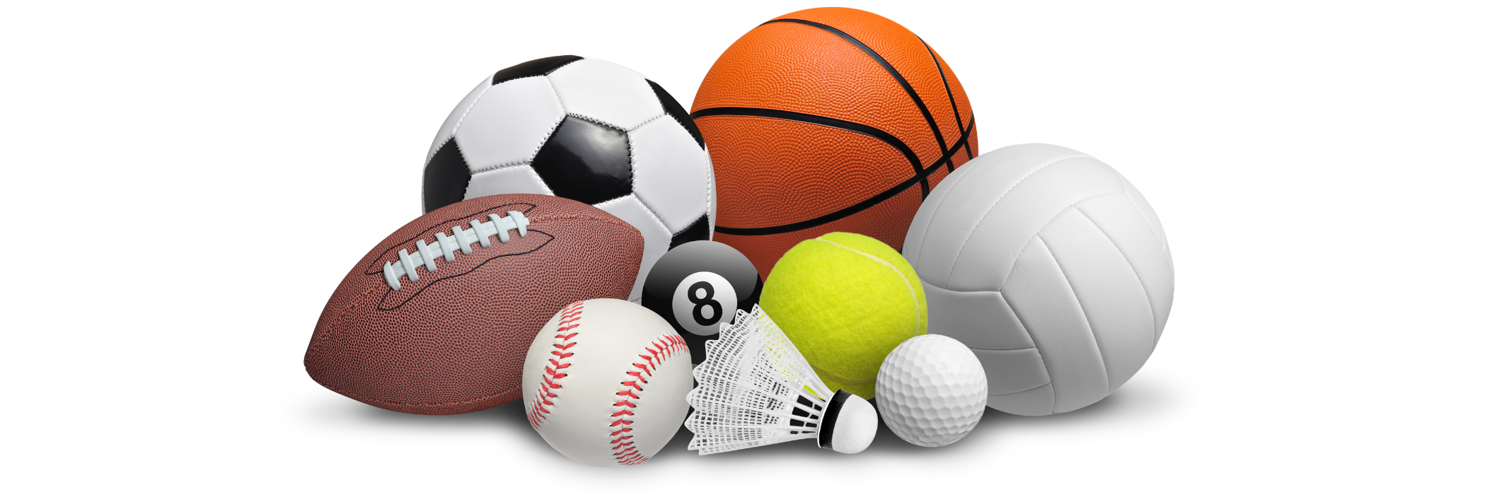 Collection of sports balls including football, soccer ball, basketball, volleyball, baseball, and tennis ball on a white background.