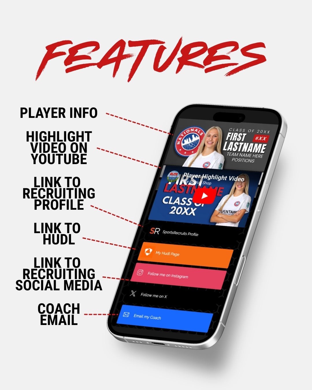 Smartphone displaying a sports recruiting link page with features highlighted.