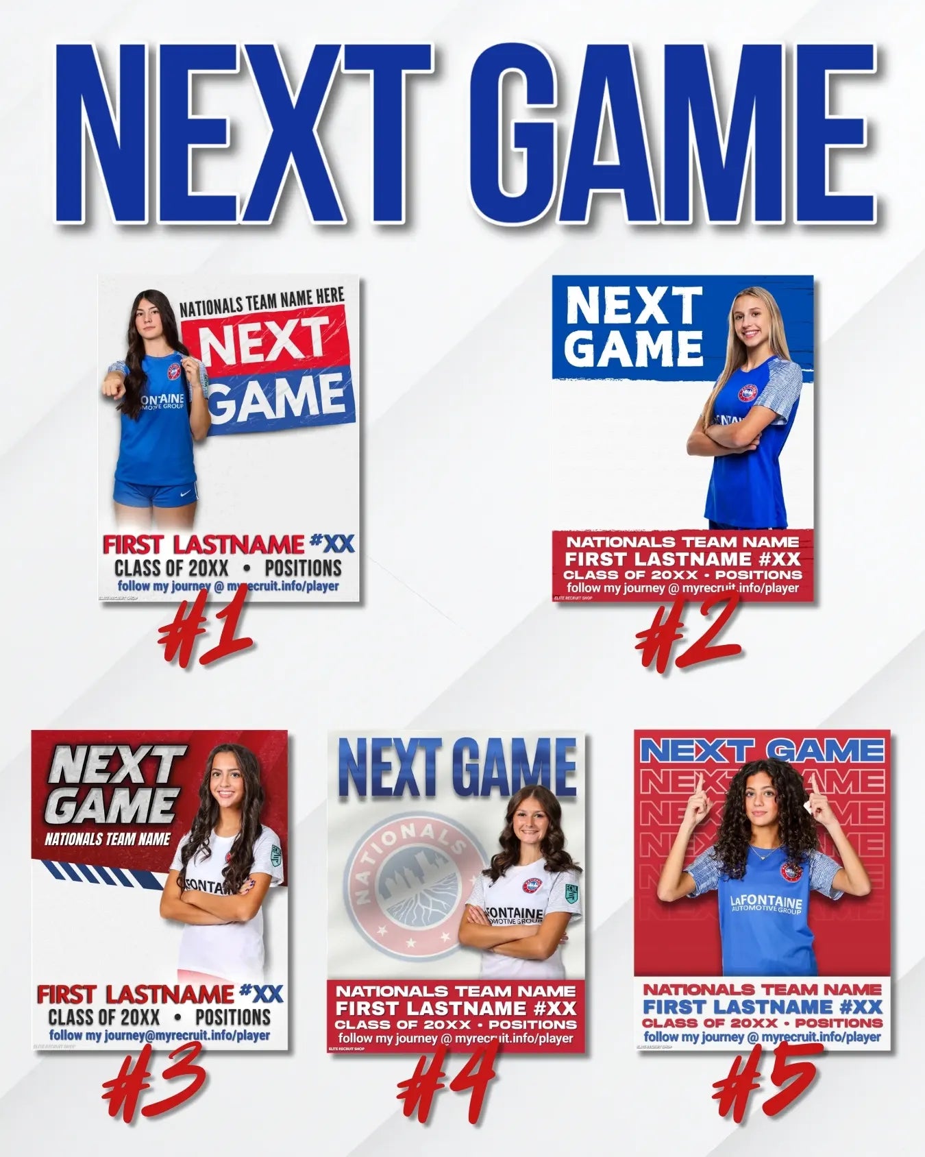 Sports recruiting next game graphic templates showing upcoming games social media design options for high school athletes.