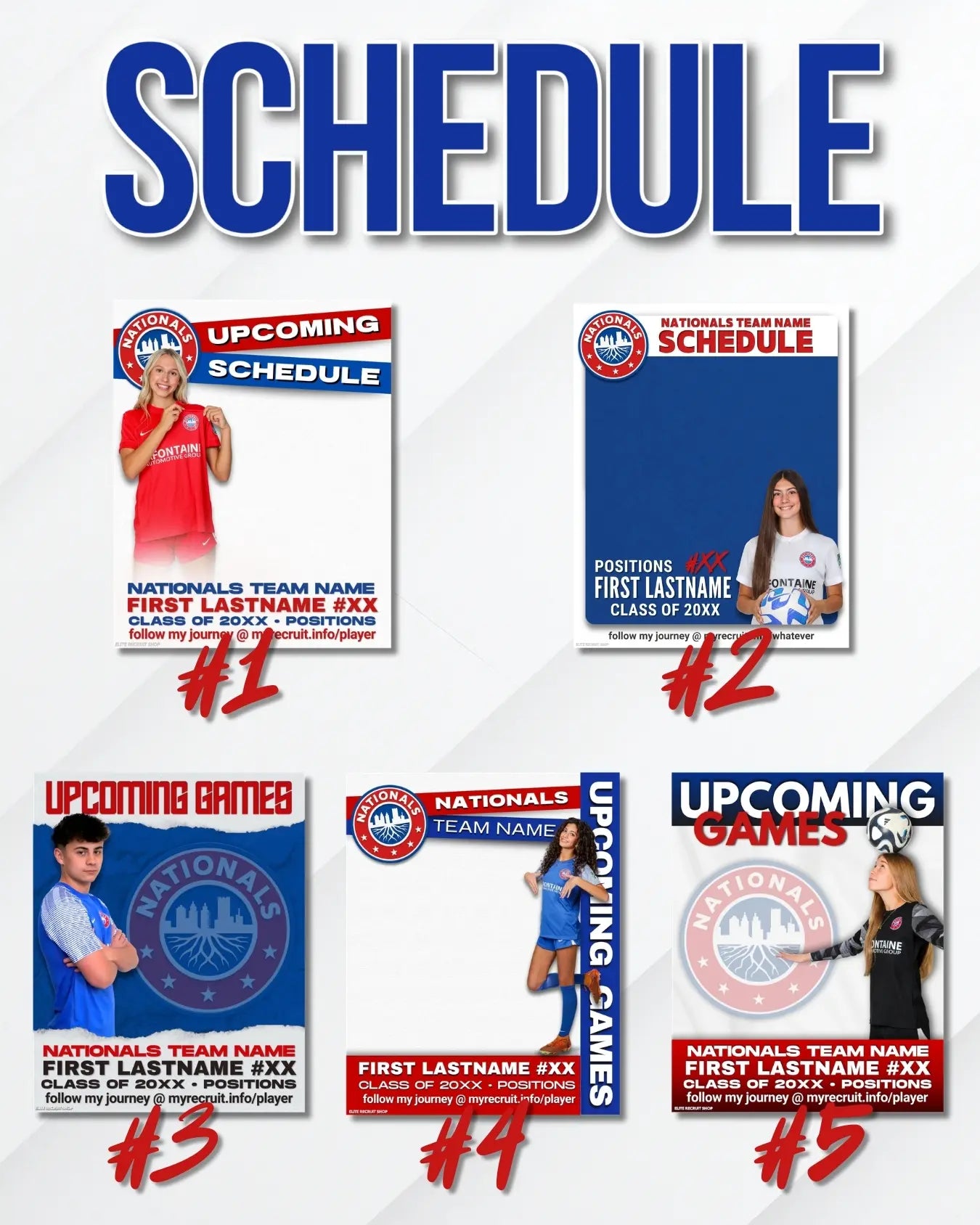 Sports recruiting schedule graphic templates showing upcoming games social media design options for high school athletes.
