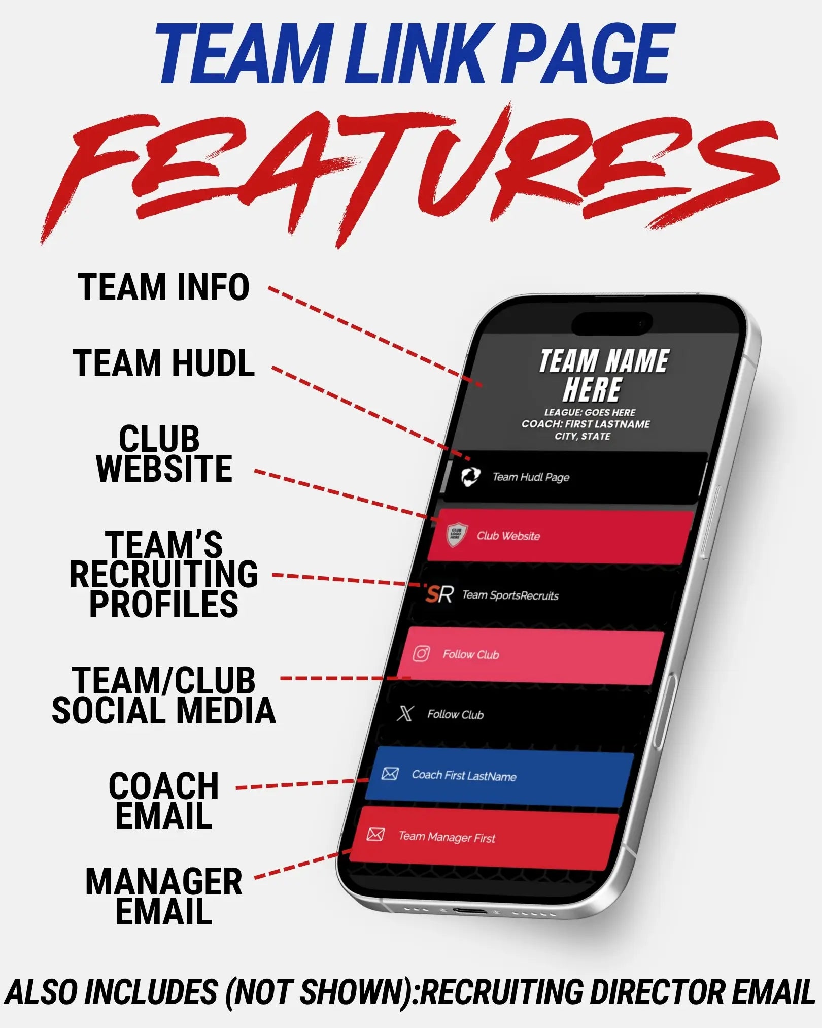 Smartphone displaying a team link page with features highlighted