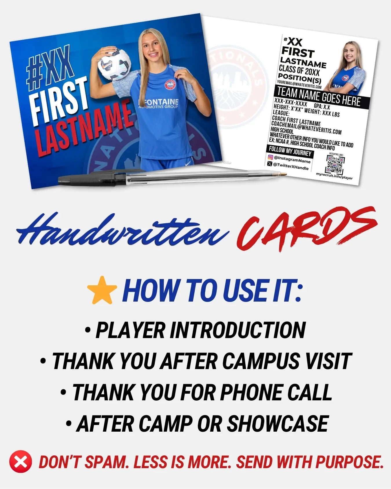 Handwritten athlete recruiting postcard example with QR code linking to highlight videos, including tips on how to use it for college coach outreach.