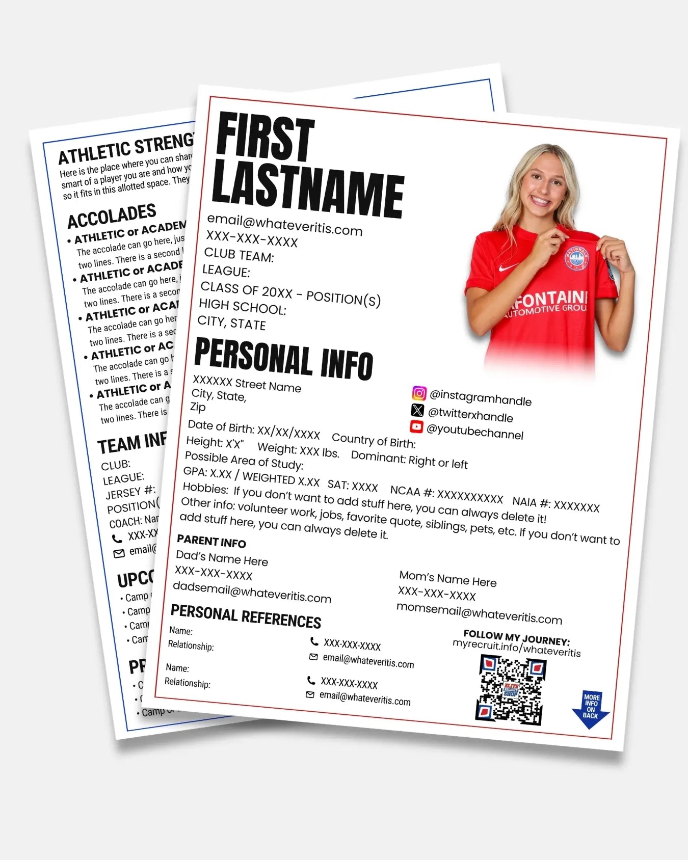 Athletic recruiting resume template example featuring player stats, contact information, personal details, and QR code linking to highlight videos for college coaches.