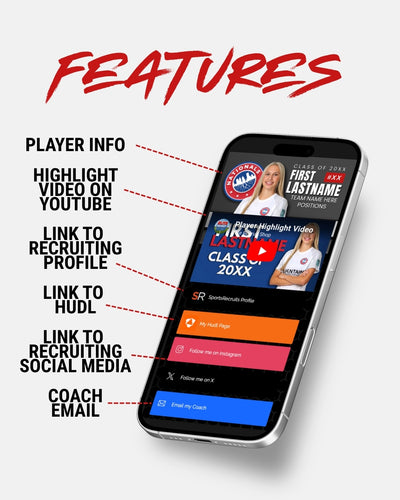 Smartphone displaying a sports recruiting link page with features highlighted.