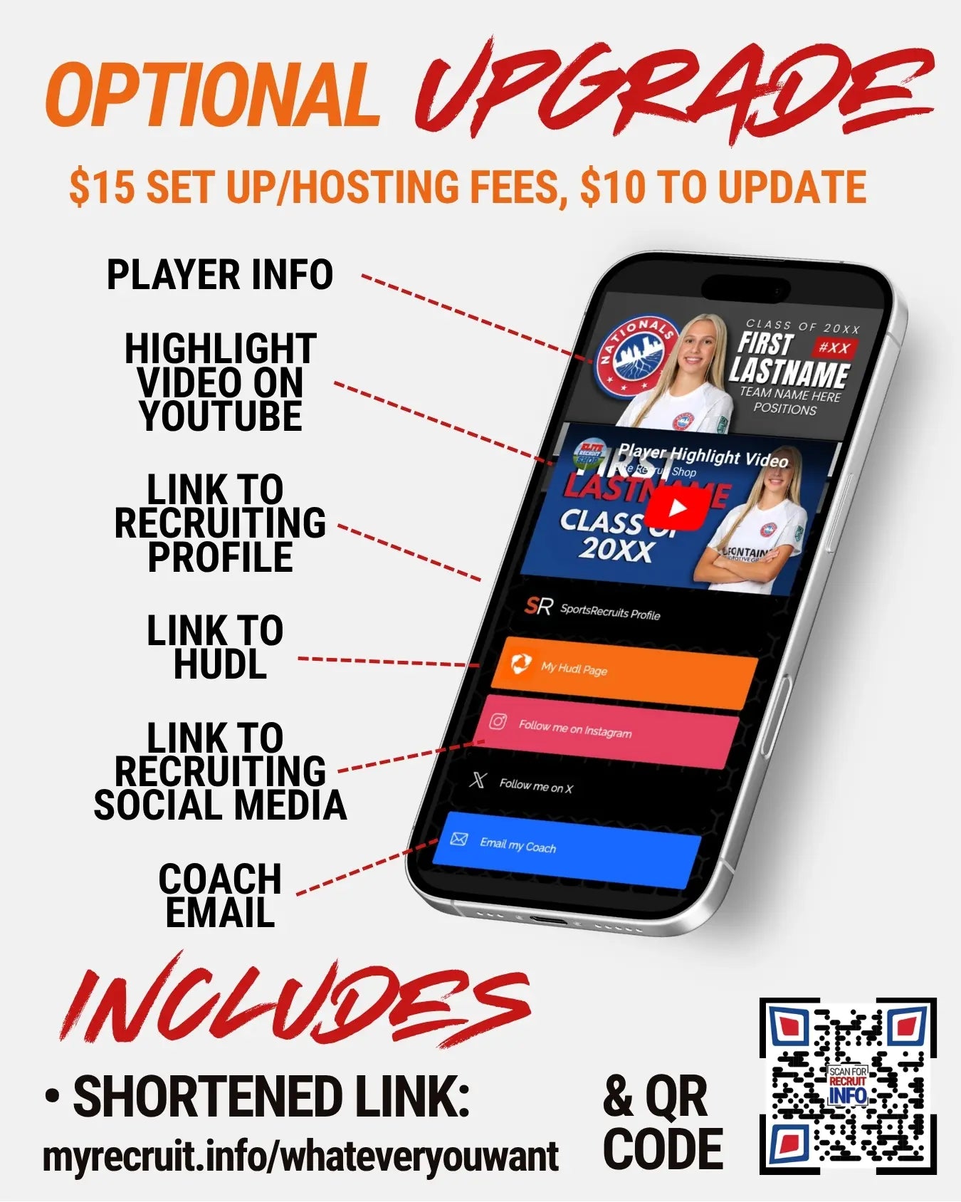 Promotional graphic for sports recruiting Link Page with features on a smartphone screen with text detailing upgrade options and features.