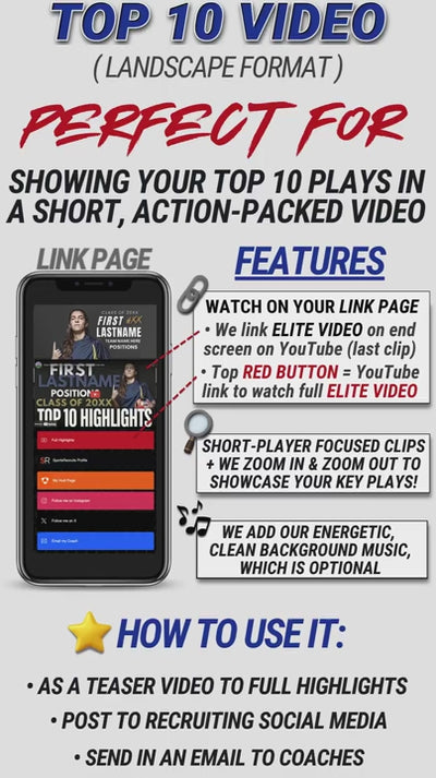 Top 10 recruiting highlight video example for high school athlete showcasing best plays first for college coaches.