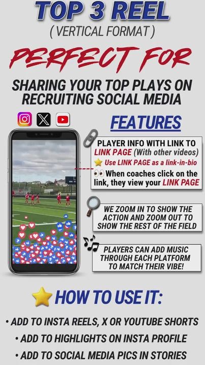 Load video: Top 3 soccer recruiting highlight video example formatted vertically for social media and coach viewing.