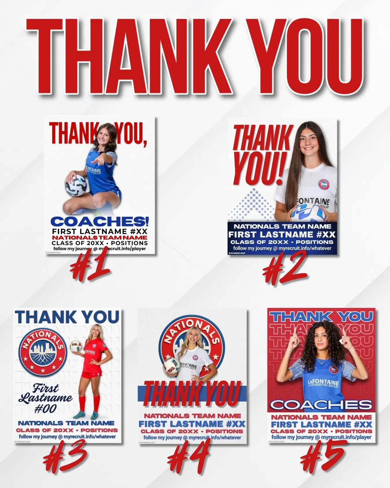 Sports recruiting thank you graphic templates showing upcoming games social media design options for high school athletes.